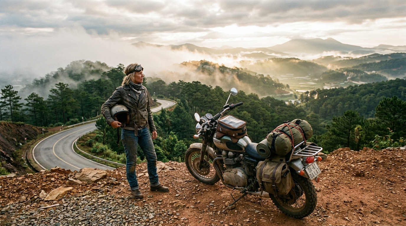 Original Easy Rider standing with loaded touring motorcycle over misty Đà Lạt pine hills