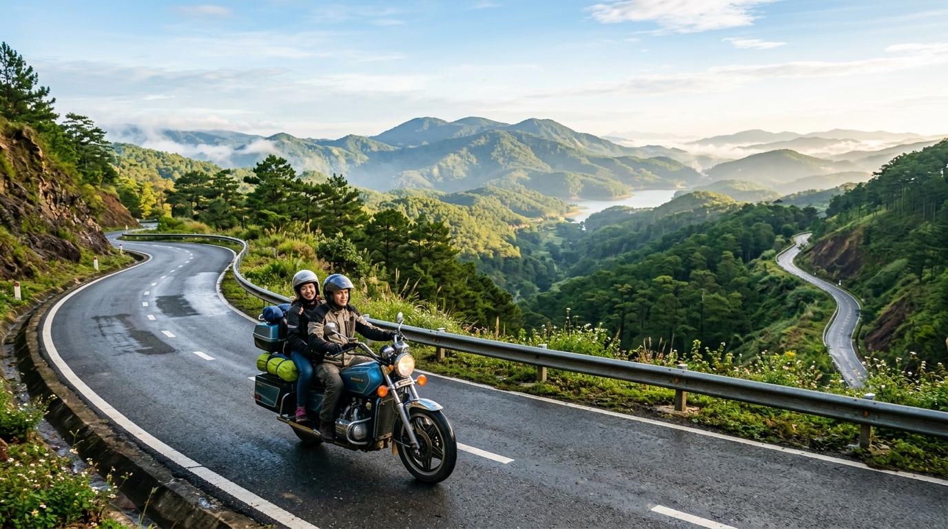 Motorcycle tour riding through sunlit mountain pass curves in Vietnam Highlands