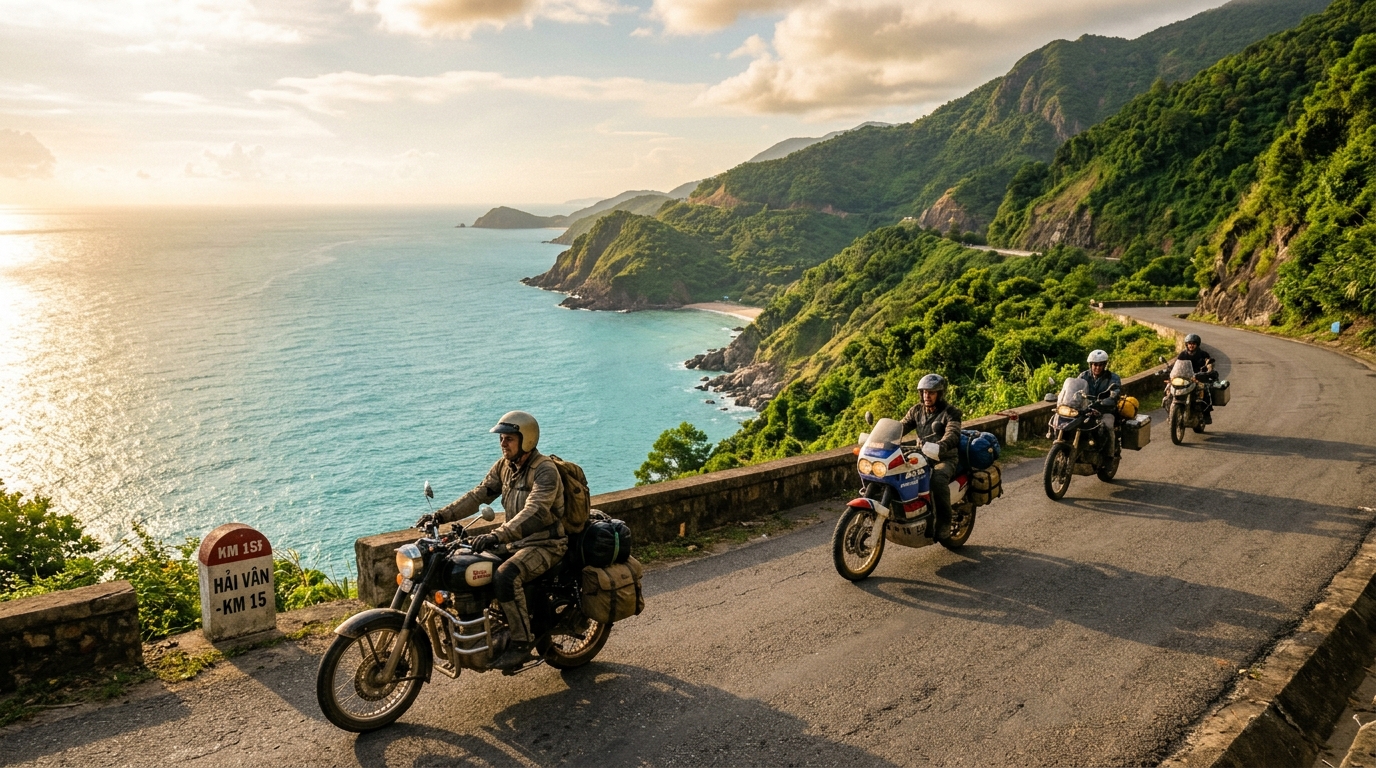 Riders touring along scenic coastal cliffs of Hải Vân Pass overlooking turquoise ocean